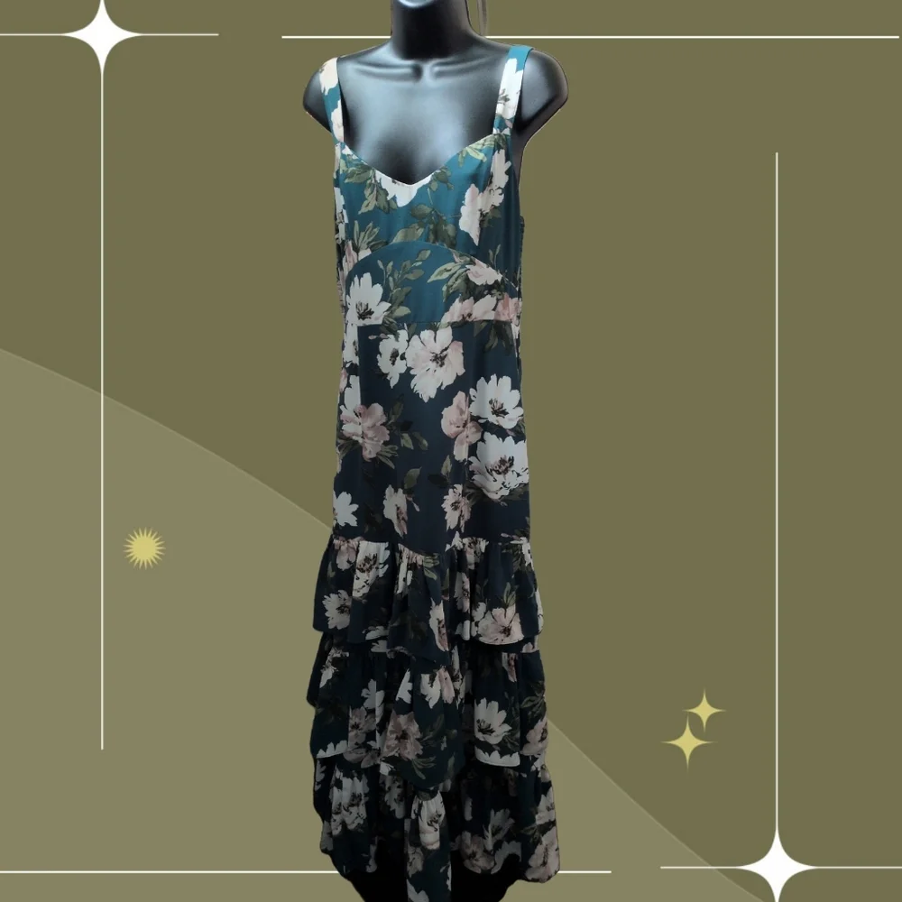 ✨ Abercrombie And Fitch Tiered Ruffle Drama Dress In Teal Floral Size M